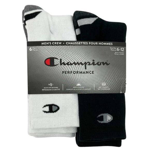 Champion Other - Champion Performance Men's Black & White Crew Socks: 6 Pack | Size 6-12